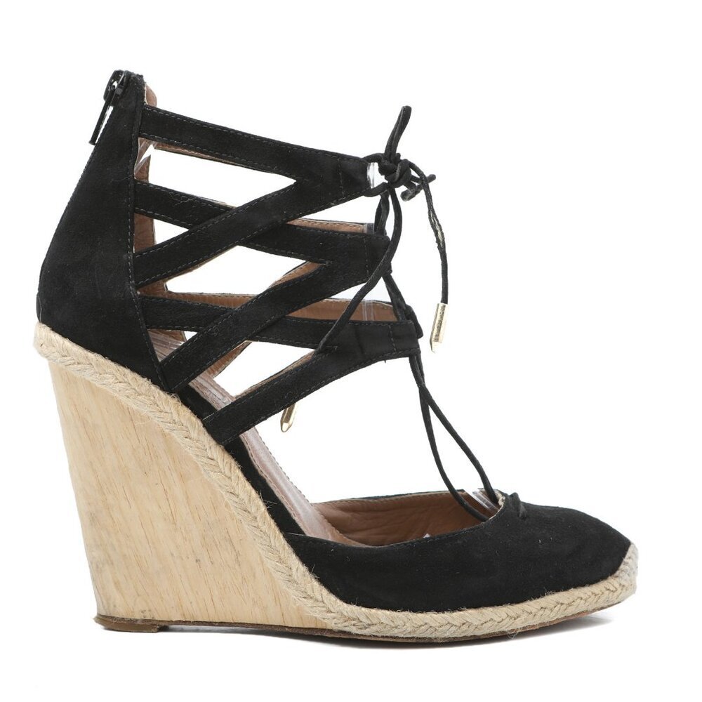 Aquazzura Firenze Belgravia Suede Espadrilles Wedge Pumps Lace Up Black - Picture 3 of 15